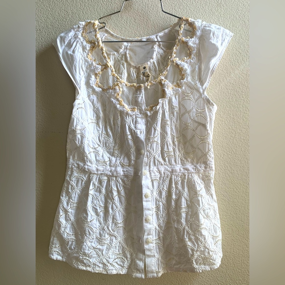 Anthropologie blouse with mesh, embroidery, and neutral sequins - size 4